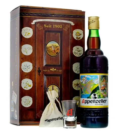 Appenzeller Alpenbitter Schrank + 2 Shotgläser
