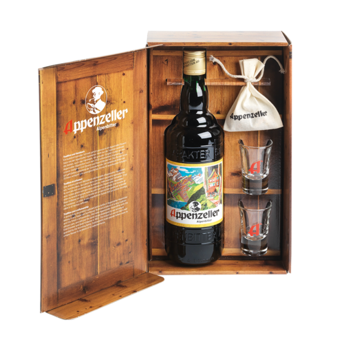Appenzeller Alpenbitter Schrank + 2 Shotgläser